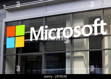 Logo for Microsoft at a training center in Times Square, New York City. Stock Photo