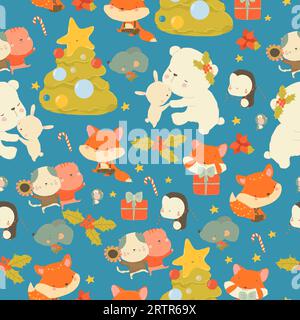 Seamless Pattern with Cute Cartoon Animals celebrating Christmas Stock Vector