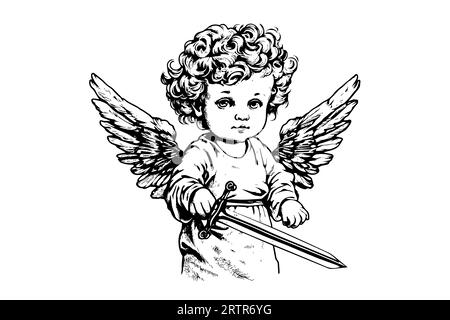 Little angel with sword vector retro style engraving black and white illustration. Cute baby with wings. Stock Vector
