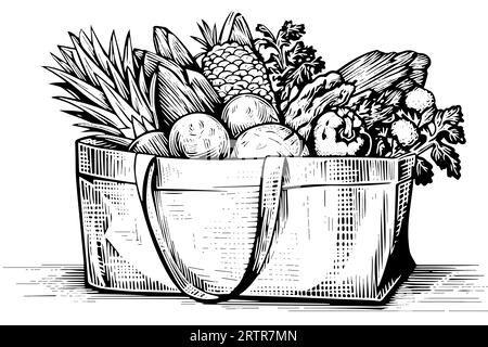 Grocery bag full of fruits and vegetables engraving sketch vector hand-drawn illustration. Stock Vector