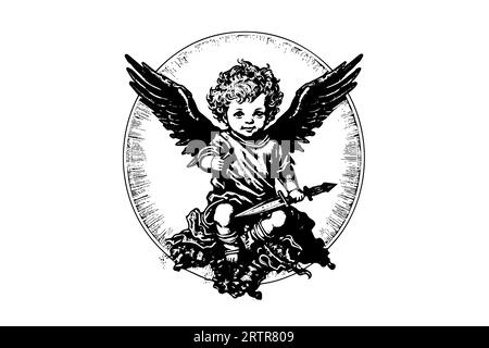 Little angel with sword in frame vector retro style engraving black and white illustration. Cute baby with wings. Stock Vector