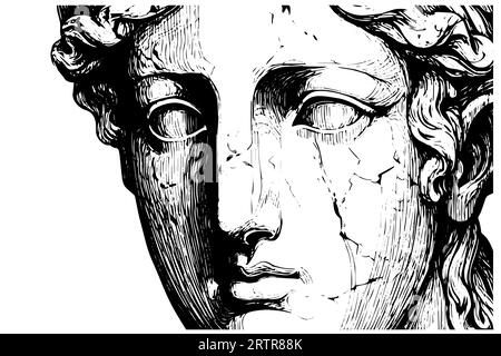 Cracked statue face of greek sculpture hand drawn engraving style sketch. Vector illustration. Image for print, tattoo, and your design. Stock Vector