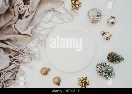 White marble cosmetic podium product design and Christmas decorate. Product presentation scene for cosmetic or beauty product presentation on white ba Stock Photo