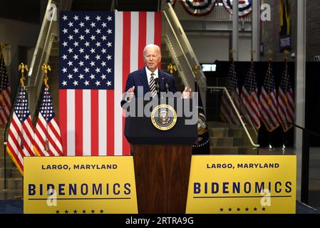 Largo, United States. 14th Sep, 2023. President Joe Biden makes remarks on Bidenomics, a major address on the difference between his economic programs and the Republicans, Thursday, September 14, 2023, at Prince George's Community College, Largo, Maryland. Photo by Mike Theiler/UPI Credit: UPI/Alamy Live News Stock Photo