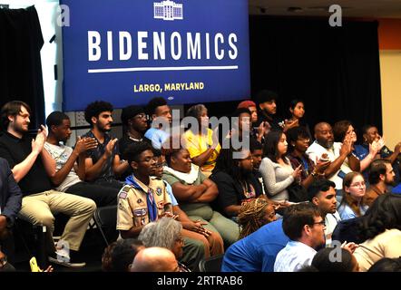Largo, United States. 14th Sep, 2023. Guests listen and applaud as President Joe Biden makes remarks on Bidenomics, a major address on the difference between his programs and the Republicans, Thursday, September 14, 2023, at Prince George's Community College, Largo, Maryland. Photo by Mike Theiler/UPI Credit: UPI/Alamy Live News Stock Photo