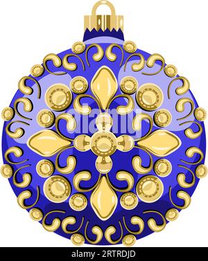 Blue Christmas ball with gold ornaments isolated on white background. Vector illustration. Stock Vector