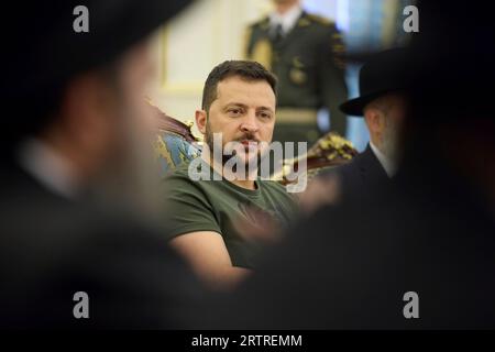 Kyiv, Ukraine. 14th Sep, 2023. Ukrainian President Volodymyr Zelenskyy, listens to remarks during a meeting with representatives of Jewish clergy at the Mariinskyi Palace, September 14, 2023 in Kyiv, Ukraine. Credit: Ukraine Presidency/Ukrainian Presidential Press Office/Alamy Live News Stock Photo