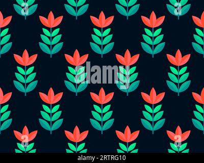 Seamless pattern with flowers with red petals and green leaves on a black background. Flowers composition in a minimalist modern style. Design for pri Stock Vector