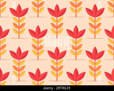 Autumn seamless pattern with a flower with red petals and orange leaves. Composition of autumn leaves in flat style. Design for printing on fabric, pa Stock Vector