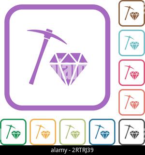 Diamond mining simple icons in color rounded square frames on white background Stock Vector
