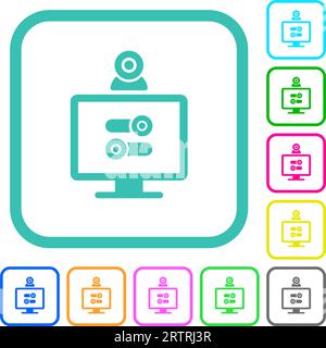 Webcam tweaking vivid colored flat icons in curved borders on white background Stock Vector
