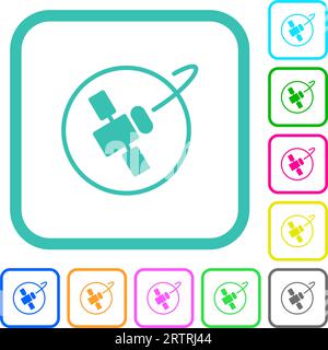Satellite in orbit solid vivid colored flat icons in curved borders on white background Stock Vector