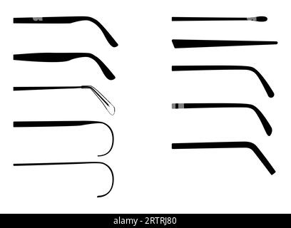 Set of temples Arm Eye frame glasses fashion accessory illustration. Sunglass part silhouette style, flat spectacles eyeglasses sketch style outline isolated on white background Stock Vector