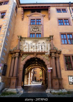 Relief from 1585 on the portal, Outpouring of the Holy Spirit, Old University, Wuerzburg, Lower Franconia, Franconia, Bavaria, Germany Stock Photo