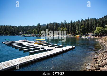 Lake Arrowhead, USA, 16th August 2015: Lake Arrowhead with boats moored on a hot summer's day near Los Angeles, California, USA Stock Photo
