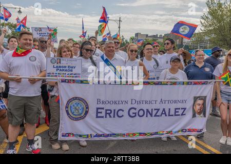 BROOKLYN, N.Y. – September 4, 2023: Brooklyn District Attorney Eric Gonzalez, front-middle, appears with a contingent at the West Indian Day Parade. Stock Photo