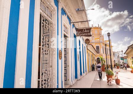 Sancti Spiritus, Cuba on January 1, 2016: The colourful facades of the historic centre have been beautifully restored, but contrary to Trinidad Stock Photo