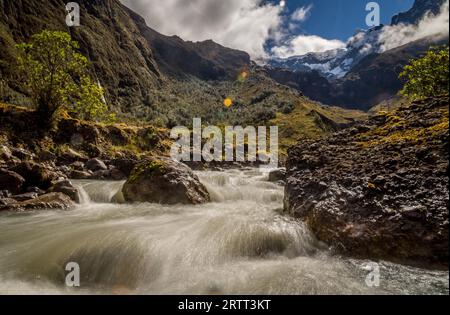 River in the Andes at El Altar Volcano in Ecuador. The Andean landscape near Banos in Ecuador is superb, from volcanic glaciers rivers flow through Stock Photo