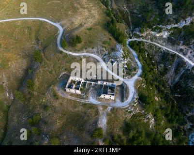 Forte al Seguret, military fortification and old military alpine road in the Alps, drone image, Salbertrand, Piedmont, Italy Stock Photo