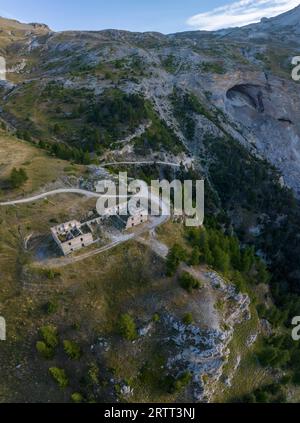 Forte al Seguret, military fortification and old military alpine road in the Alps, drone image, Salbertrand, Piedmont, Italy Stock Photo