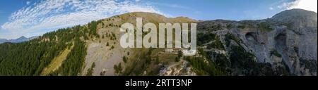 Forte al Seguret, military fortification and old military alpine road in the Alps, drone image, Salbertrand, Piedmont, Italy Stock Photo