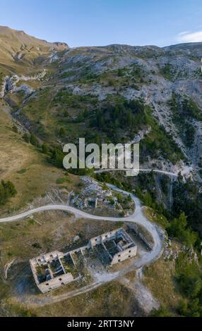 Forte al Seguret, military fortification and old military alpine road in the Alps, drone image, Salbertrand, Piedmont, Italy Stock Photo