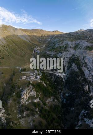 Forte al Seguret, military fortification and old military alpine road in the Alps, drone image, Salbertrand, Piedmont, Italy Stock Photo