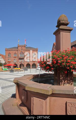 Market square with market fountain and town hall, Tauberbischofsheim, Franconia, Baden-Wuerttemberg, Germany Stock Photo