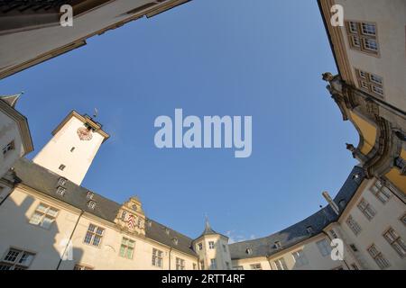 Inner courtyard with view up to the sky from the Deutschordenschloss, castle, Bad Mergentheim, Franconia, Baden-Wuerttemberg, Germany Stock Photo