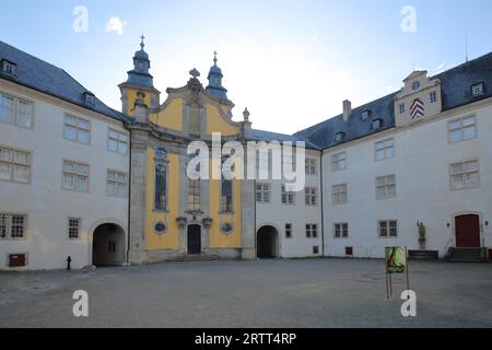 Inner courtyard with baroque castle church, Deutschordenschloss, castle, Bad Mergentheim, Franconia, Baden-Wuerttemberg, Germany Stock Photo