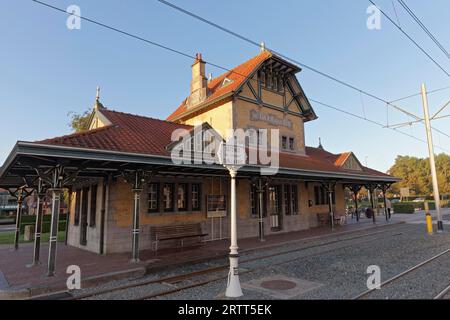 De Haan aan Zee Tram Station, Belle Epoque Style, Morning Light, De Haan, Le Coq, Belgian Coast, West Flanders, Belgium Stock Photo