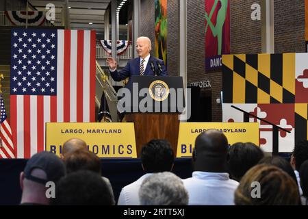 Largo, United States. 14th Sep, 2023. President Joe Biden exhibits emotion as he talks to the audience gathered about his vision for America. U.S. President Joe Biden delivers remarks on Bidenomics at Prince George's Community College in Largo. U.S. President Joe Biden in his speech talked about Republicans threat to shutdown the government, threats to democracy and his vision compared to Former President of the United States Donald J. Trump. (Photo by Kyle Mazza/SOPA Images/Sipa USA) Credit: Sipa USA/Alamy Live News Stock Photo