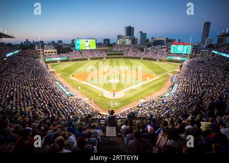 Chicago, USA, August 12, 2015: Chicago Cubs play Milwaukee Brewers on a warm summer's night at Wrigley Field Stock Photo