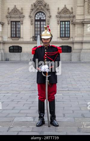 Lima, Peru, September 2, 2015: A guard at the Government Palace in the historic city centre Stock Photo