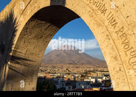 Arequipa, Peru, October 20, 2015: View of the Misti volcano as seen from the Yanahuara viewpoint Stock Photo