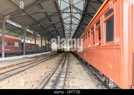 Tiradentes, Brazil, Dec 30, 2015: Old May Smoke train inside the station in Saint John Del Rey, a Colonial Unesco World Heritage city Stock Photo