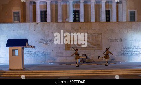 Evzones presidential guard soldiers at the Tomb of the Unknown Soldier at Syntagma square in Athens Greece on 16 August 2023 Stock Photo