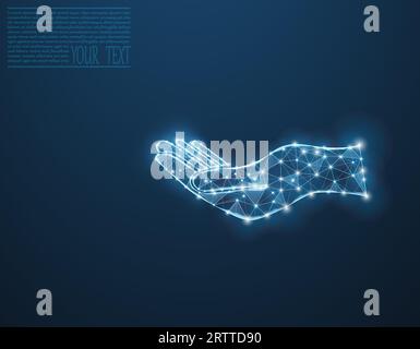 Vector illustration of a hand made of grid and dots. The frame of the hand on a dark blue background. Stock Vector