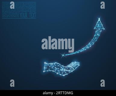 Business arrow up low poly wireframe  on a hand. Return on the investment chart increases. target on blue dark background. Vision for sustained financ Stock Vector