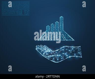 Business graph up on hand, income growth. The return on the investment chart increases. Growth chart on a hand on a dark blue background. Stock Vector