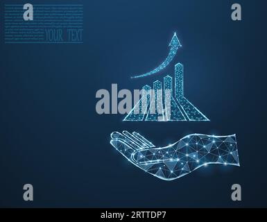 Business graph up on hand, income growth. The return on the investment chart increases. Growth chart on a hand on a dark blue background. Stock Vector