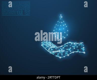 Vector illustration of a water drop on a hand on a dark blue background. A drop of water from a grid and dots. Environmental protection, clean water Stock Vector
