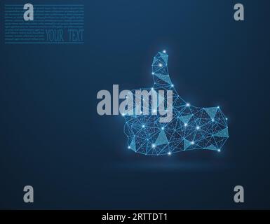 Thumb up made up of lines and dots. Thumb on a dark blue background, in a technological grid. Thumb illustration. Vector icon. Stock Vector