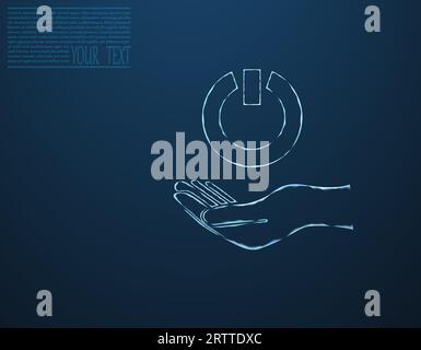Vector illustration of power button on the hand. Energy, electrical technology concept. Power button iconbutton icon on hand on dark blue background. Stock Vector