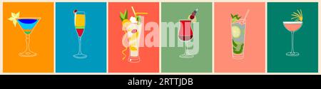 Set of cocktail drinks in different glasses.  Stock Vector