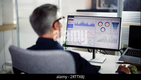 Business Data Analyst Using KPI Data Dashboard On Computer Stock Photo