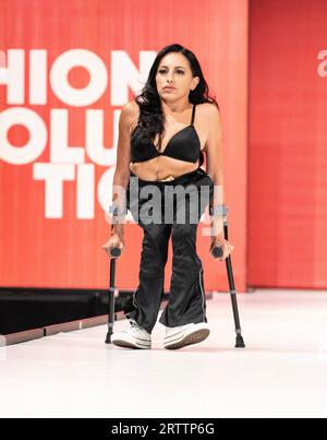 Model walks runway sponsored by Victoria's Secret intimate adaptive for Runway of Dreams Foundation adaptive fashion during Fashion Week at Powerhouse Arts in New York on September 13, 2023 Stock Photo