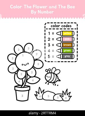 Cute Flower And Bee Color By Number Coloring Page For Children Stock Vector