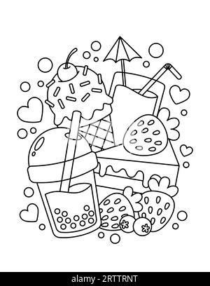 Cute Dessert And Fruit Coloring Page Stock Vector