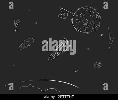 Dogecoin sign on flag on the Moon, Rocket flying back to the Earth through space with stars and planets, Vector sketch, Simple hand drawn illustration Stock Vector